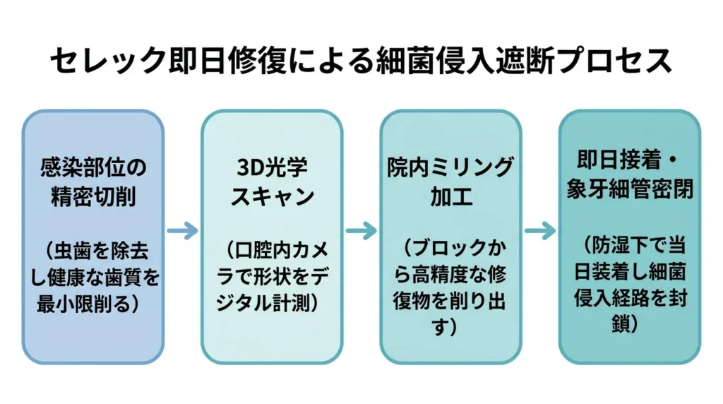 セレック即日修復による細菌侵入遮断プロセス