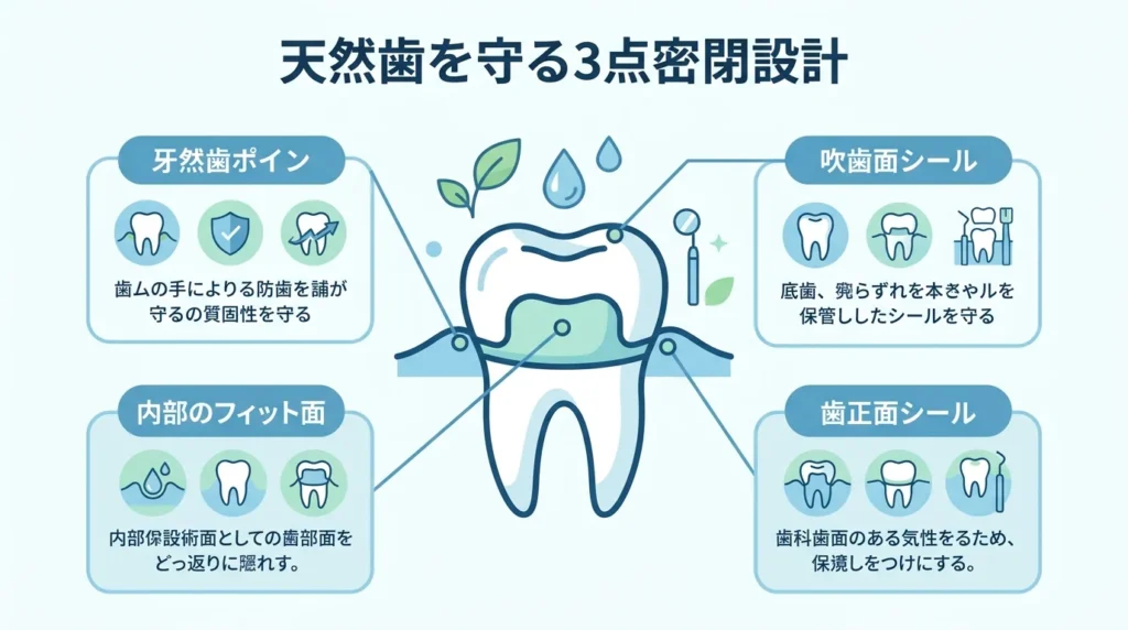 天然歯を守る3点密閉設計