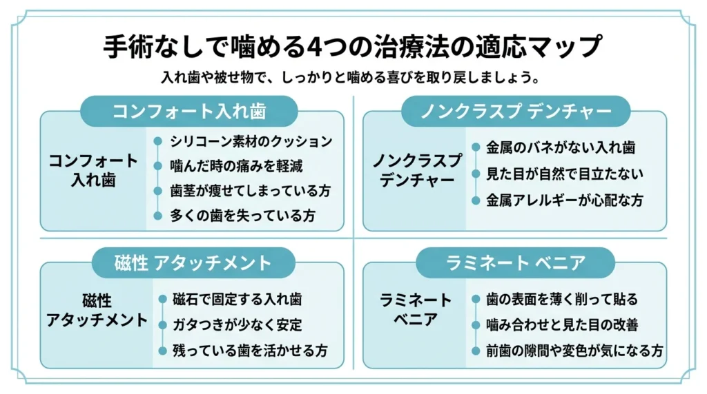 手術なしで噛める4つの治療法の適応マップ